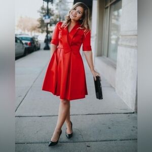 Gal Meet Glam Petite Red Satin Fit & Flare Elbow Sleeve Dress